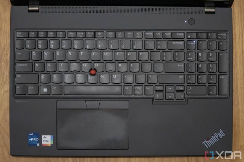 Overhead view of the keyboard and touchpad on the Lenovo ThinkPad T16