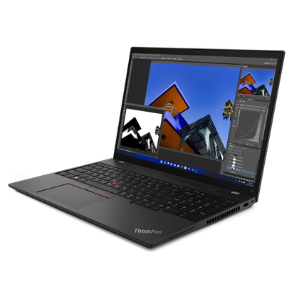 Angled front view of the Lenovo ThinkPad T16 facing left