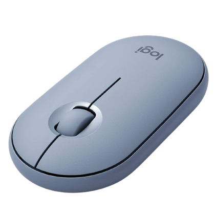 Logitech Pebble M350 blue compact wireless mouse, angled view