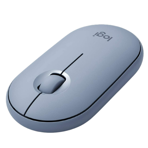 Logitech Pebble M350 blue compact wireless mouse, angled view
