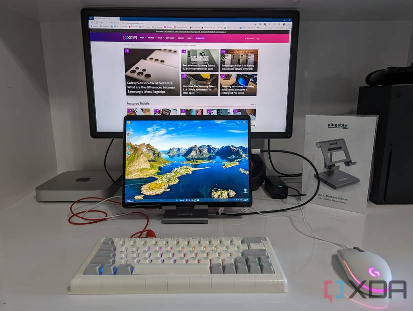 The Plugable USB-C Dock at a monitor with a Surface Pro 9