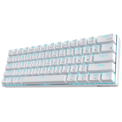 The Royal Kludge RK61 in white with blue backlit keys, at an angle