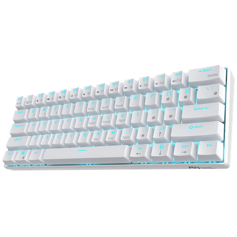 The Royal Kludge RK61 in white with blue backlit keys, at an angle