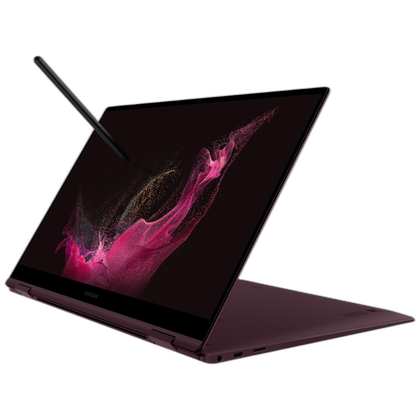 Samsung Galaxy Book 2 Pro 360 laptop in stand mode with an S Pen on the screen