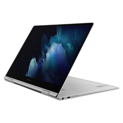 Front angled view of the Samsung Galaxy Book Pro 360 5G in stand mode facing left