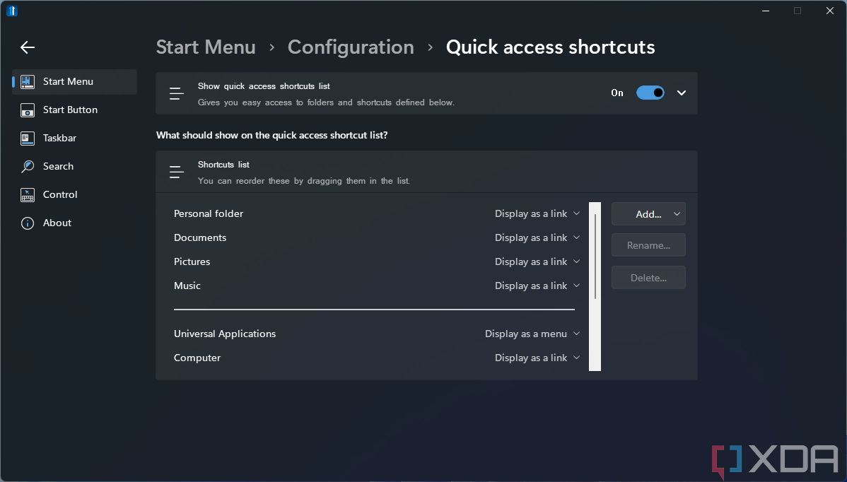 Screenshot of quick access shortcut settings for the Start menu in Start11