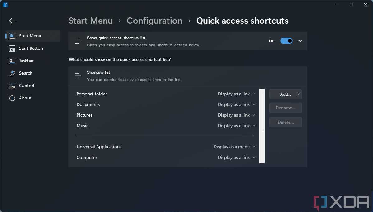 Screenshot of quick access shortcut settings for the Start menu in Start11