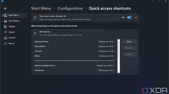 Screenshot of quick access shortcut settings for the Start menu in Start11