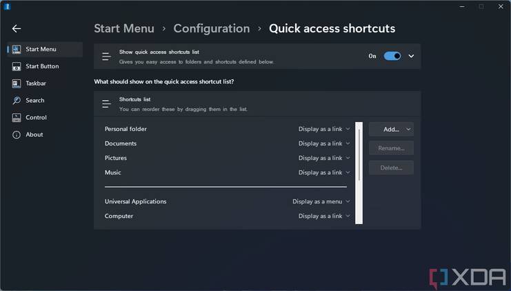 Screenshot of quick access shortcut settings for the Start menu in Start11
