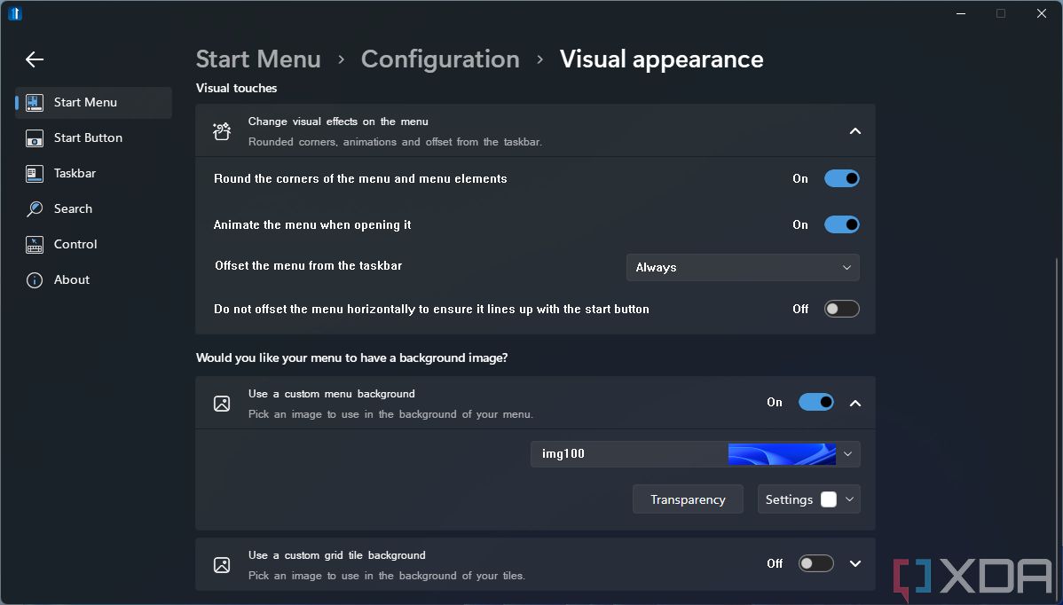 Screenshot of visual appearance settings for the Start menu in Start11