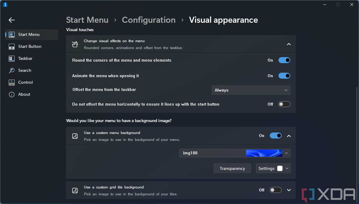 Screenshot of visual appearance settings for the Start menu in Start11