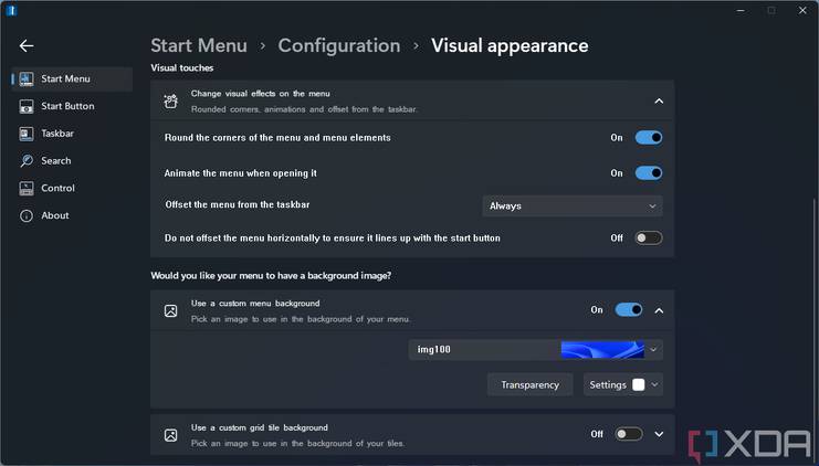 Screenshot of visual appearance settings for the Start menu in Start11