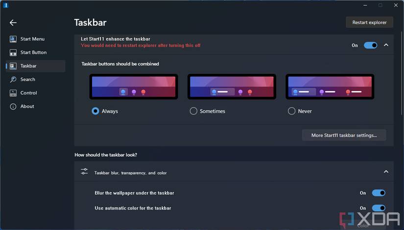 Screenshot of Start11 taskbar settings