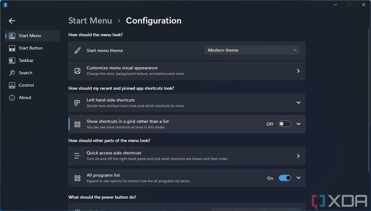 General Start menu configuration settings in Start11