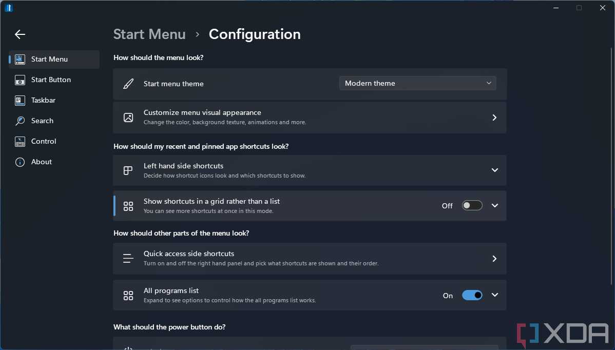 General Start menu configuration settings in Start11