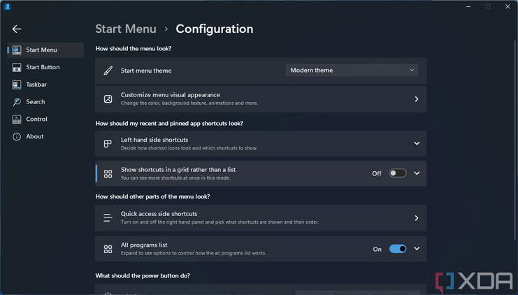General Start menu configuration settings in Start11