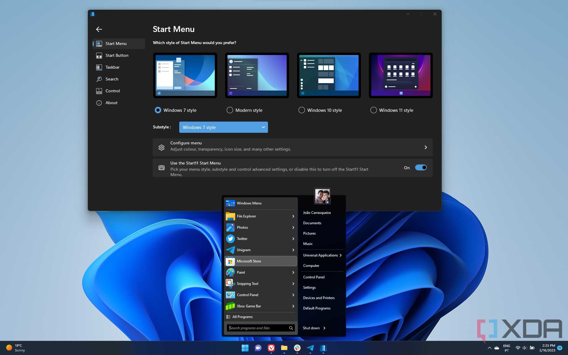 Screenshot of the Windows 7 style Start menu enabled by Start11