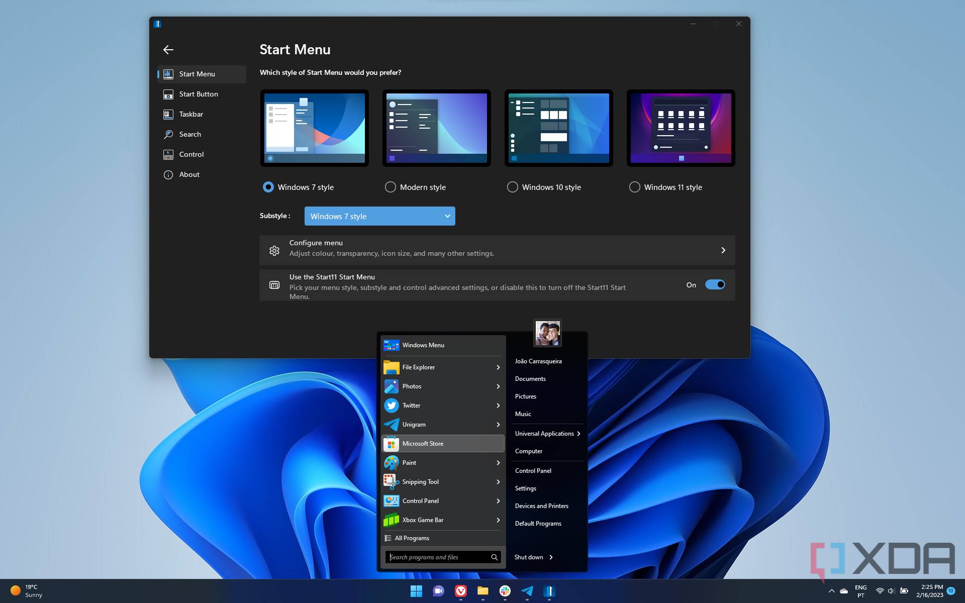 Screenshot of the Windows 7 style Start menu enabled by Start11