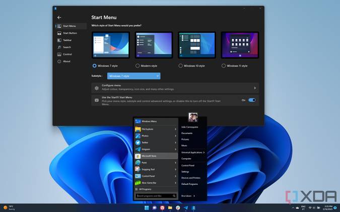 Screenshot of the Windows 7 style Start menu enabled by Start11