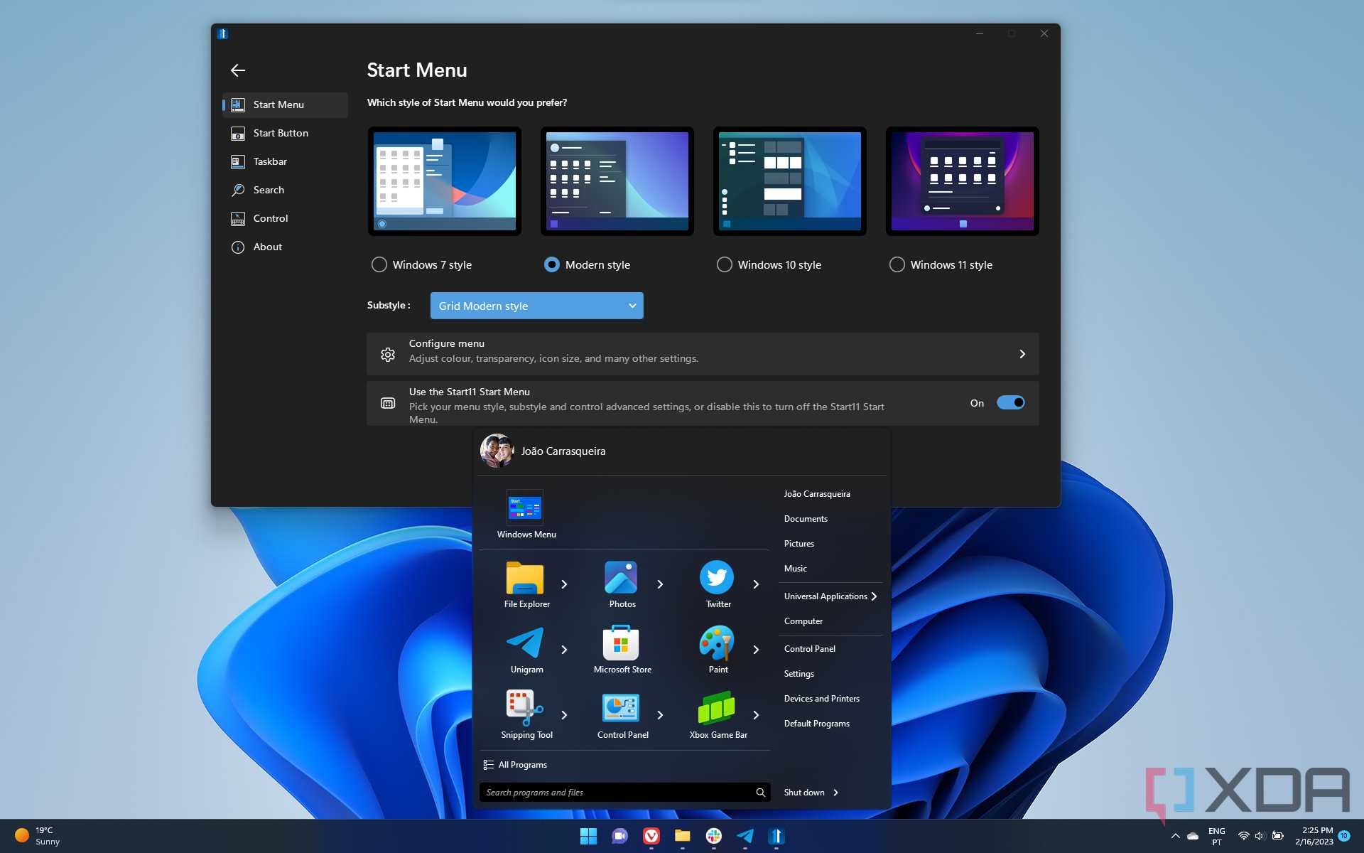 Screenshot of the Modern style Start menu enabled by Start11
