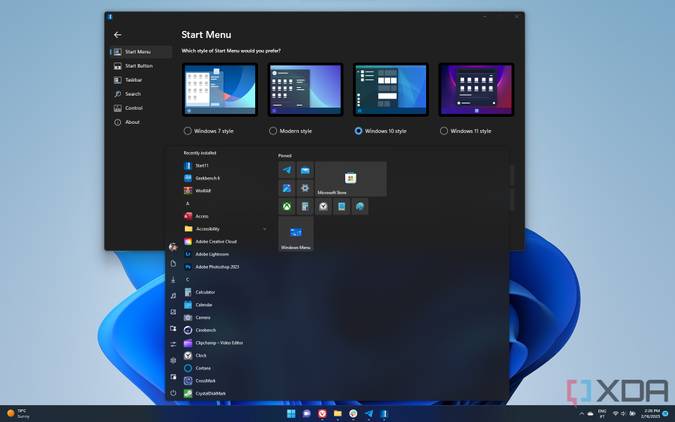 Screenshot of the Windows 10 style Start menu enabled by Start11