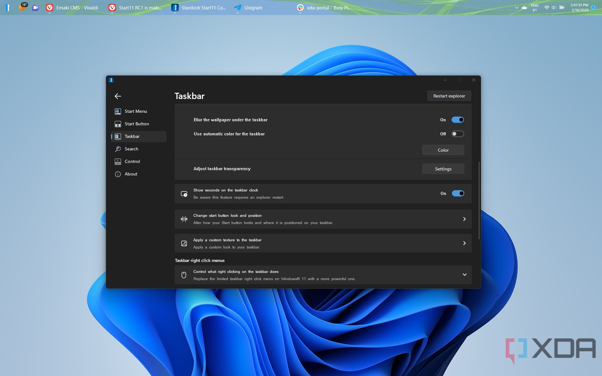 Screenshot of Start11 taskbar settings with the taskbar moved to the top of the screen