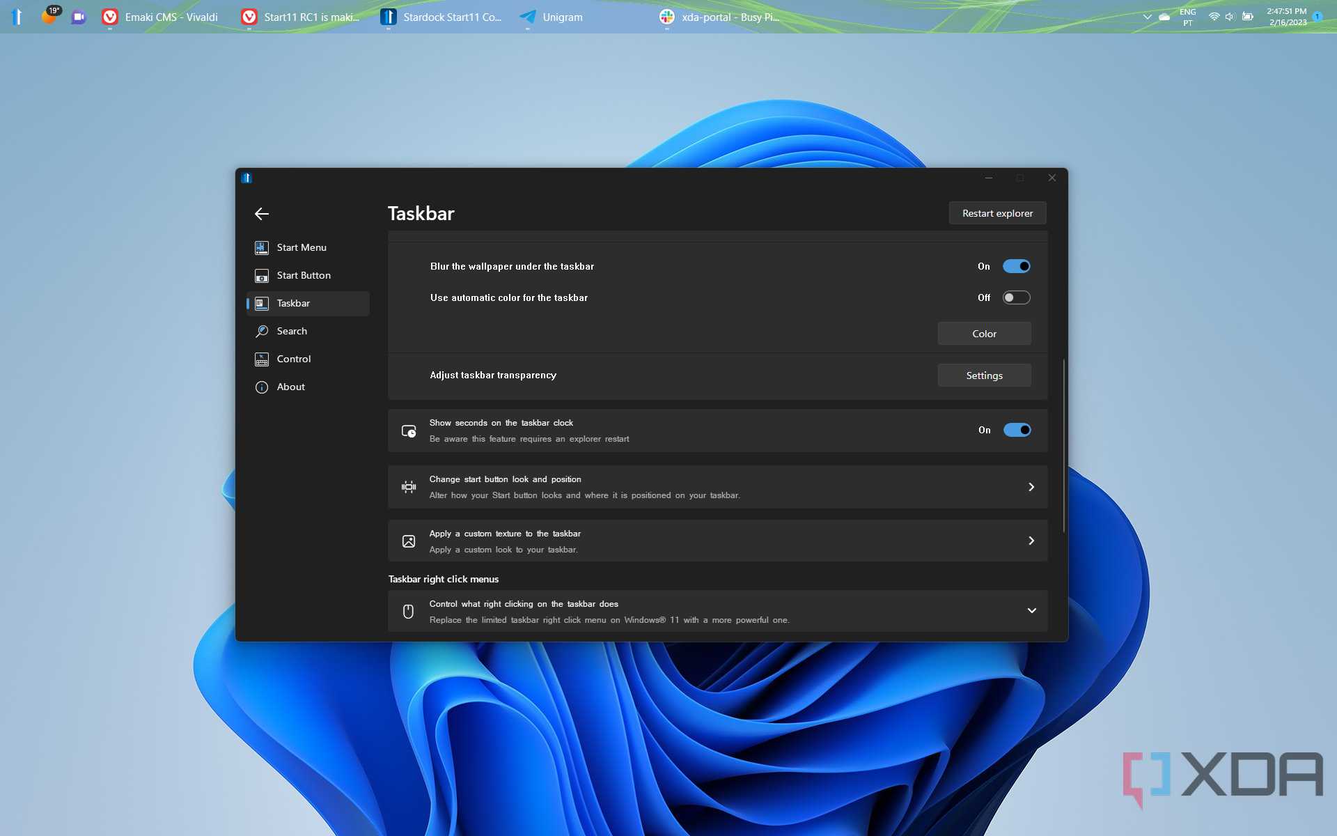 Screenshot of Start11 taskbar settings with the taskbar moved to the top of the screen