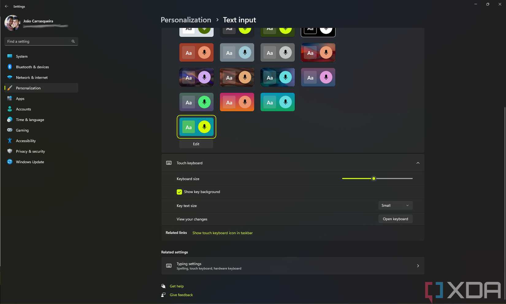 Screenshot of the touch keyboard settings on Windows 11