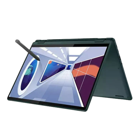 Angled front view of the Lenovo Yoga 6 in tent mode facing left