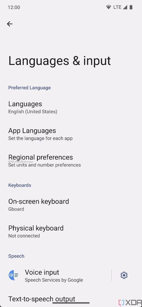 Language & input Android 14 regional preferences