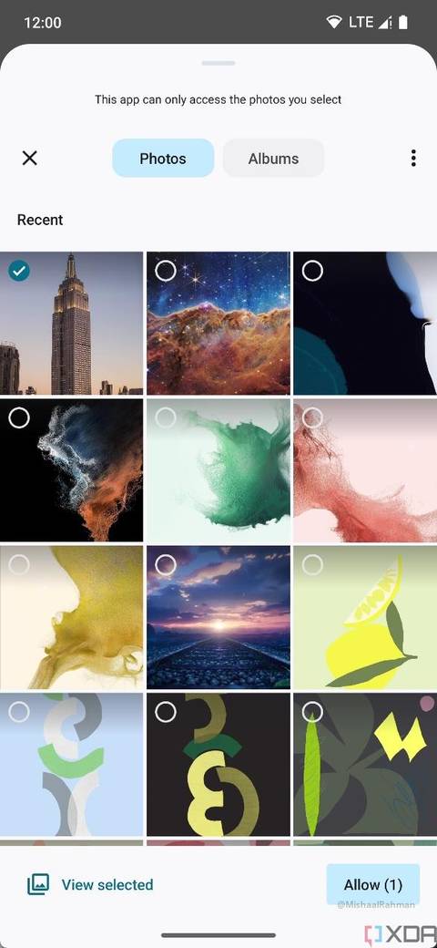 Photo picker allowing to choose what photos to allow on Android 14