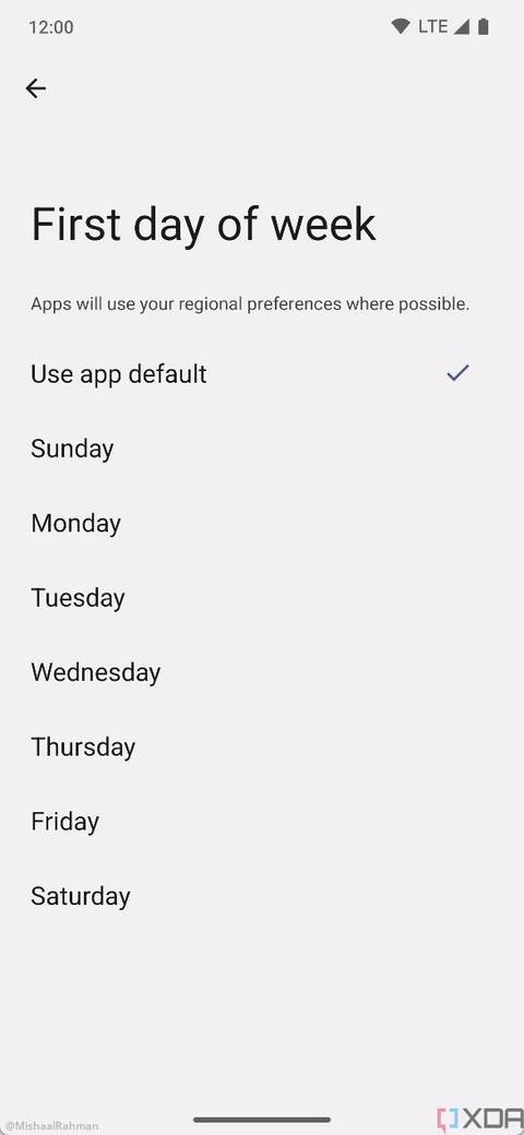 First day of the week Android 14 regional preferences