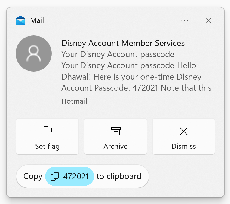 Screenshot of a Windows 11 notification showing the ability to copy a security code from an email