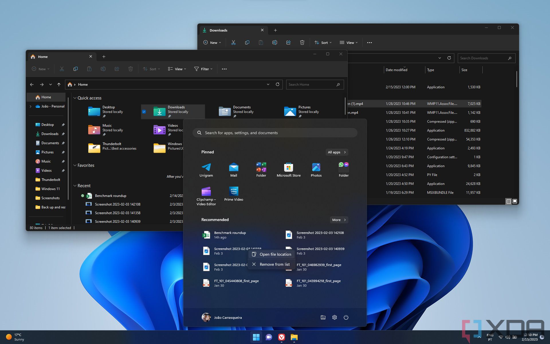 Screenshot of the Windows 11 Start menu with a context menu showing an "Open file location" option. Two File Explorer windows are in the background.