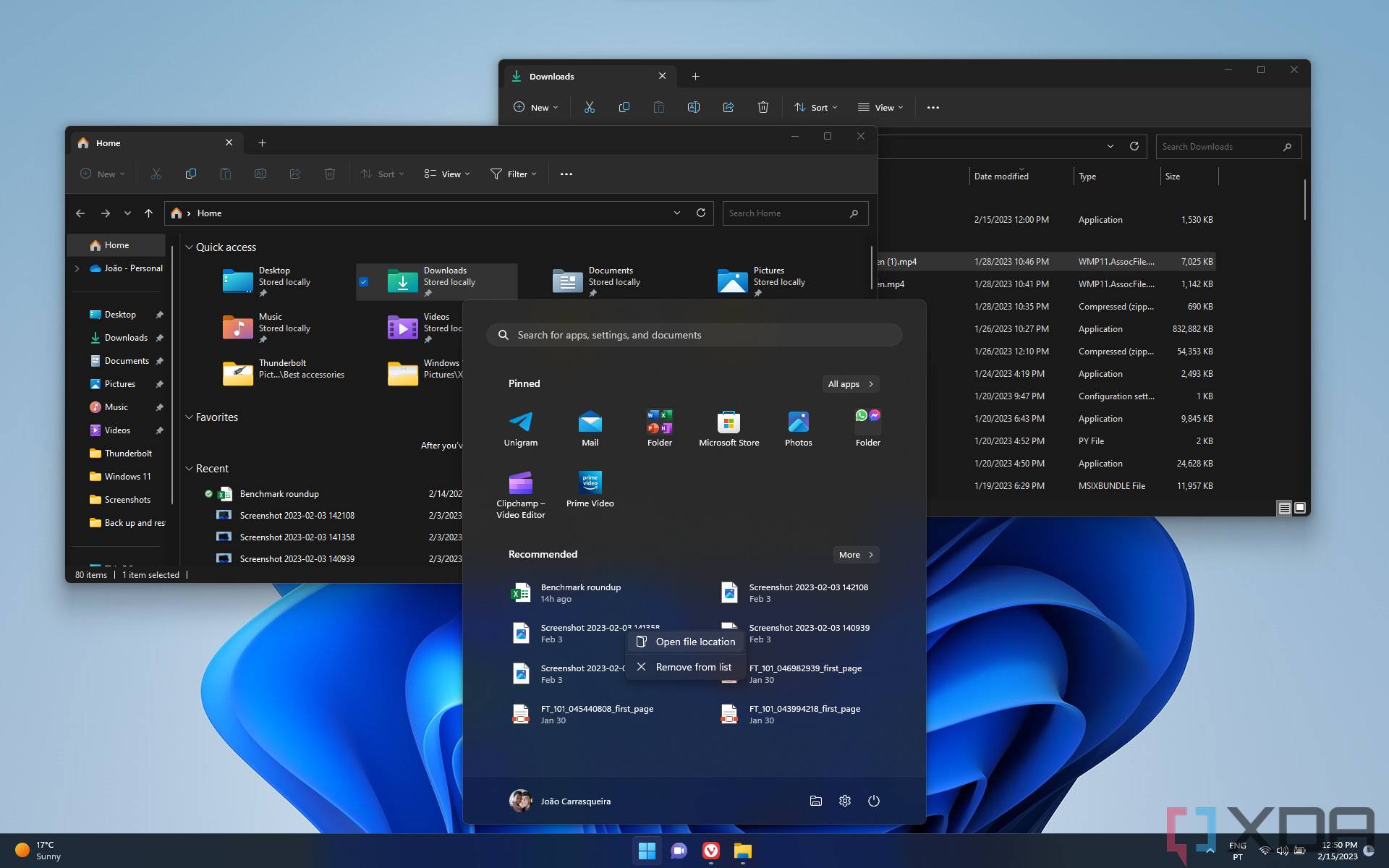 Screenshot of the Windows 11 Start menu with a context menu showing an "Open file location" option. Two File Explorer windows are in the background.