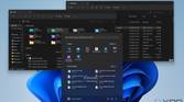 Screenshot of the Windows 11 Start menu with a context menu showing an "Open file location" option. Two File Explorer windows are in the background.