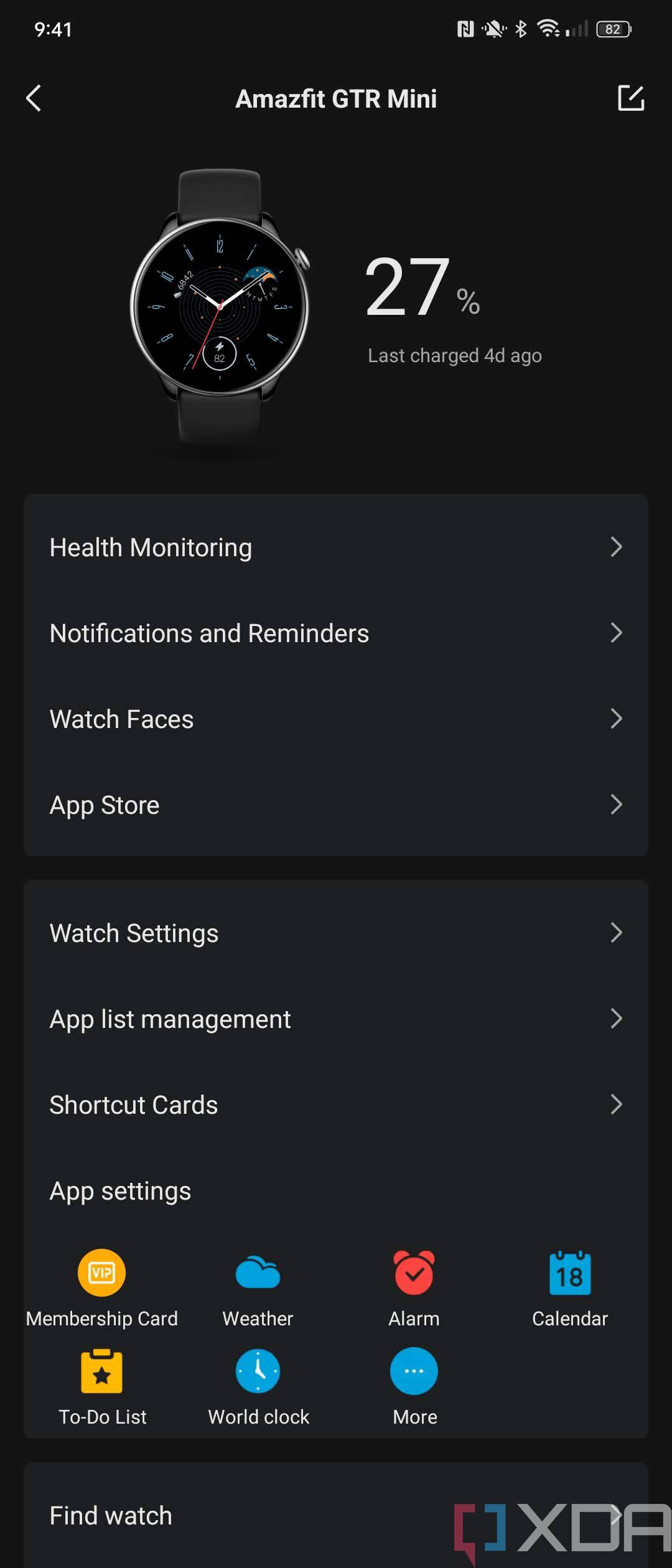 Amazfit GTR Mini - Zepp app screenshot watch settings
