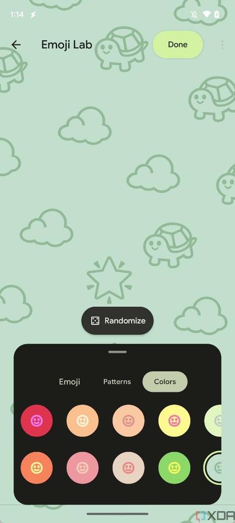 Android 14 Emoji Wallpaper showing a cloud, turtle, and star, along with other color options