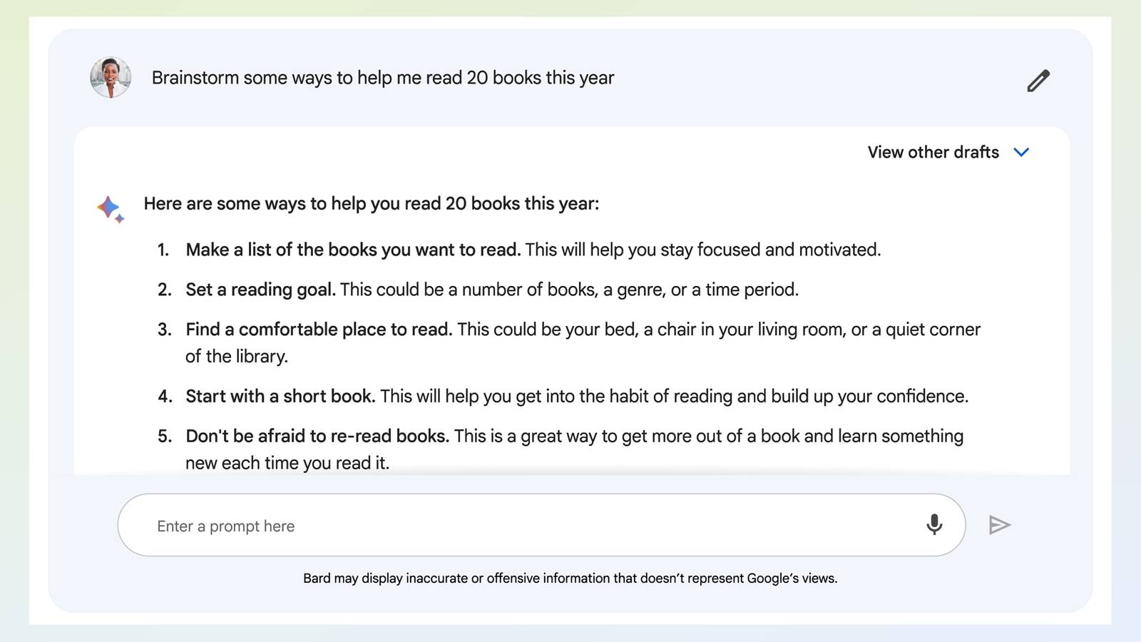 Screenshot of Bard giving a user tips on how to read 20 books in a year