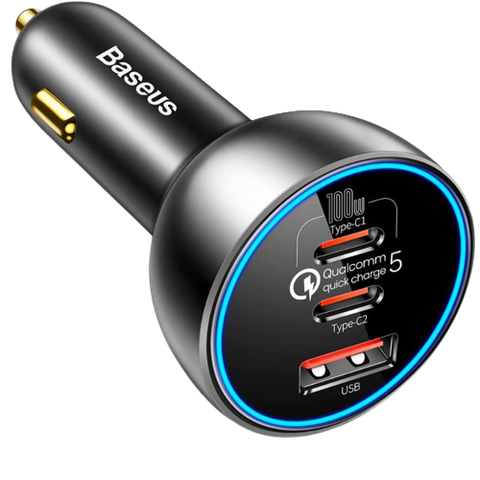 A render of the Baseus 160W USB PD car charger in black color with blue halo ring light.