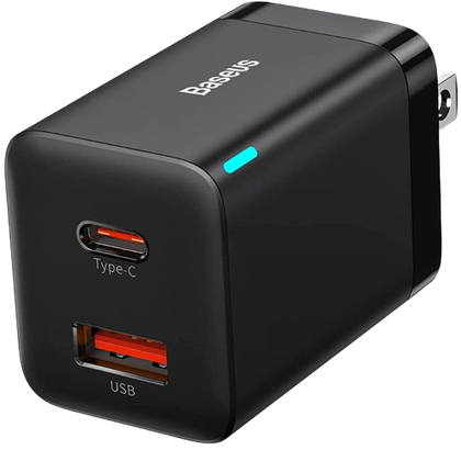 A render of the Baseus 30W dual port charger in black color.