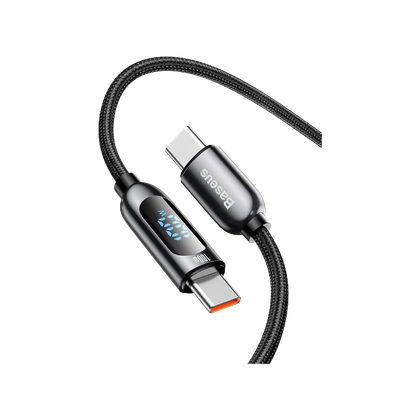 Baseus USB-C to USB-C Cable with LED on transparent background.