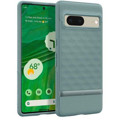 A render of the Caseology Parallax case for Pixel 7 in green color.