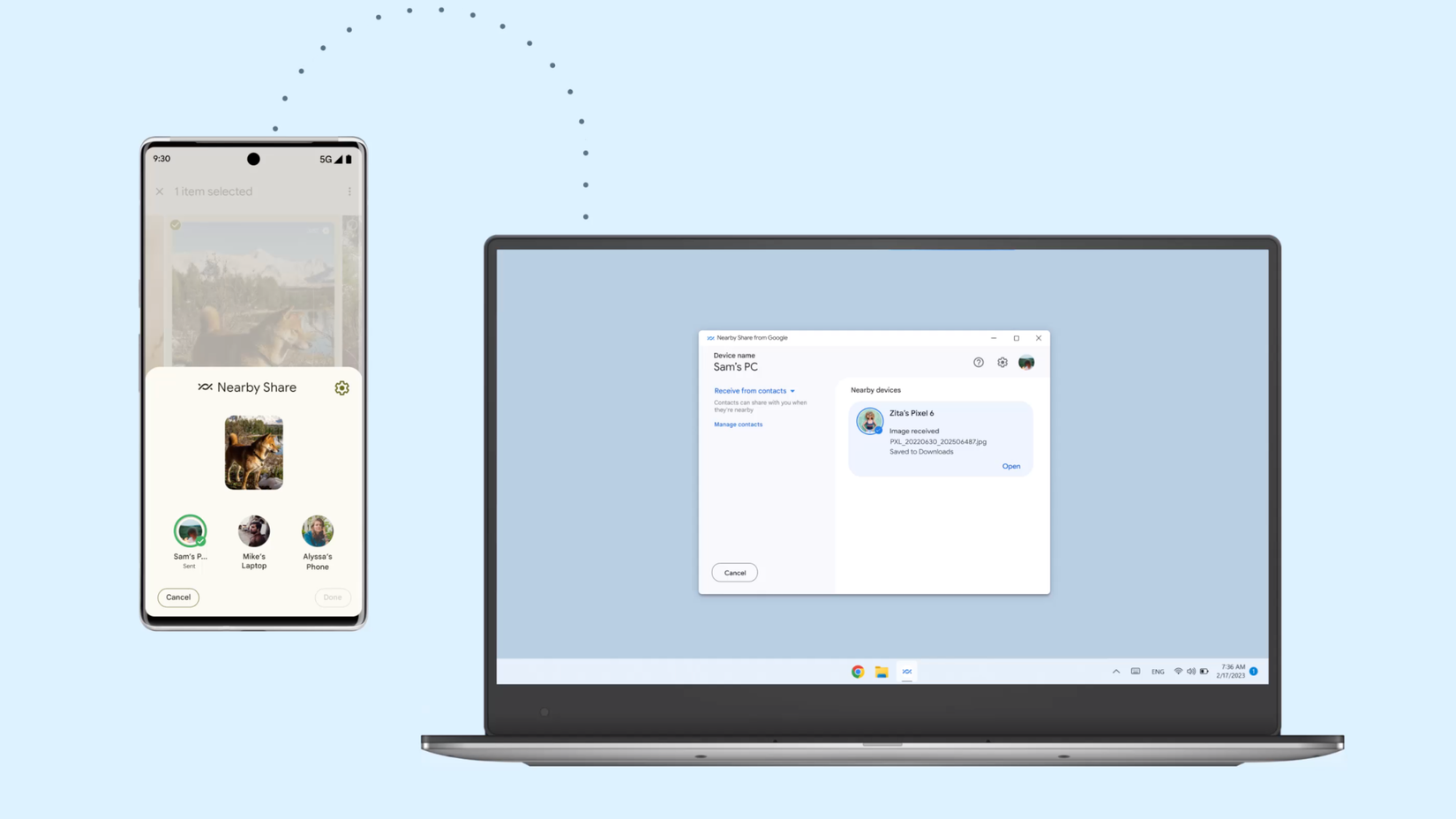 Android smartphone with Nearby Share running transferring file to Windows laptop