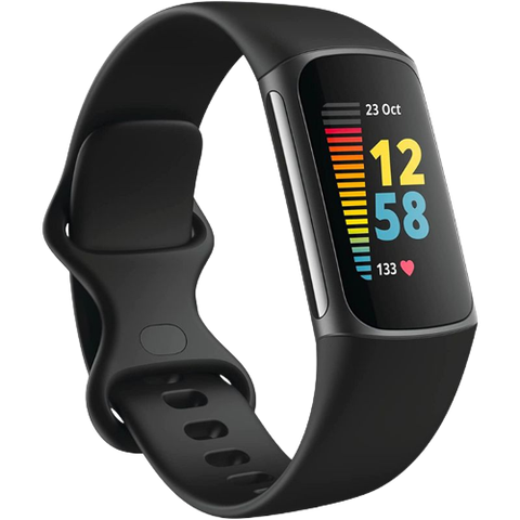 A render of the Fitbit Charge 5 fitness band in black color.