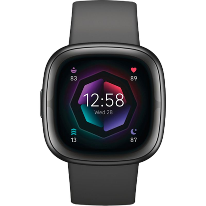 A render of the Fitbit Sense 2 smartwatch in black color.