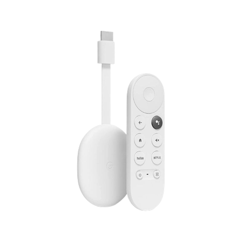 A render of the Google Chromecast HD TV in white color next to its remote.