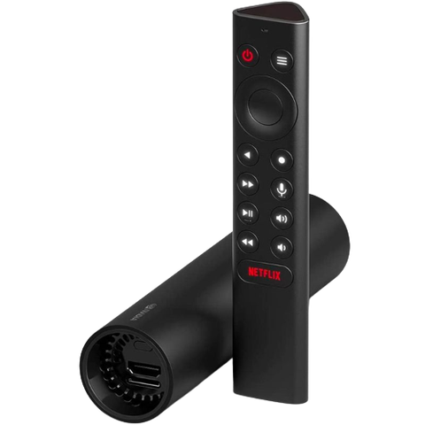 A render of the Nvidia Shield TV in black color next to its remote.