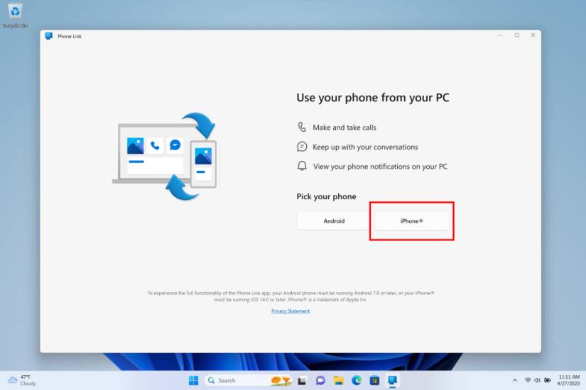 Choosing iPhone in Phone Link
