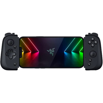 A render of the Razer Kishi v2 game controller in black color.